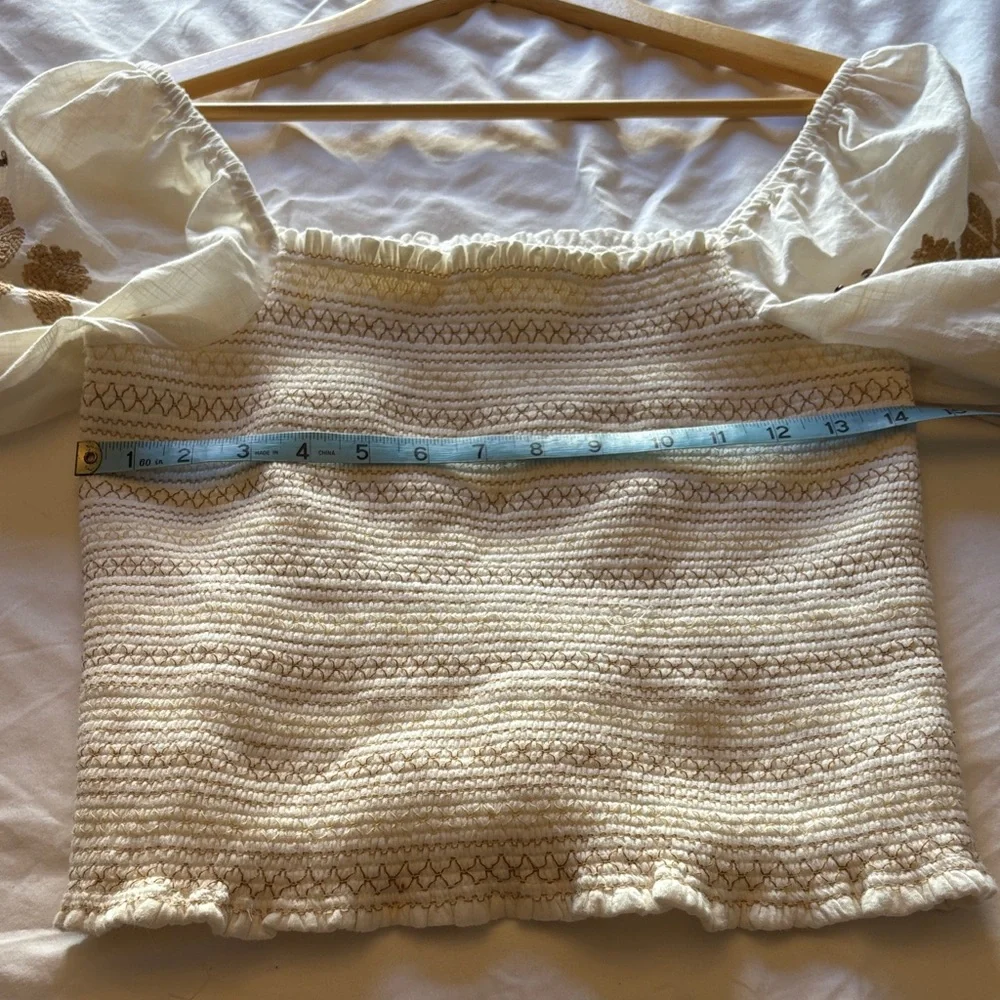 Anthropologie White Embroidered Smocked Crop Top Square Neck Puff Sleeve